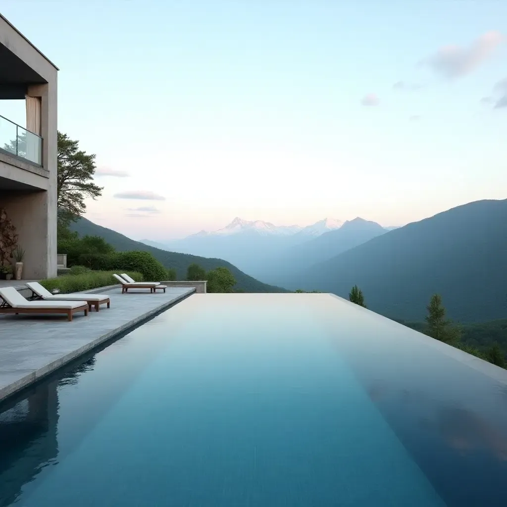 a photo of a modern infinity pool overlooking a serene landscape