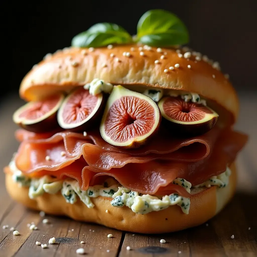 a photo of a vibrant Italian sandwich with figs, prosciutto, and gorgonzola on rustic bread.