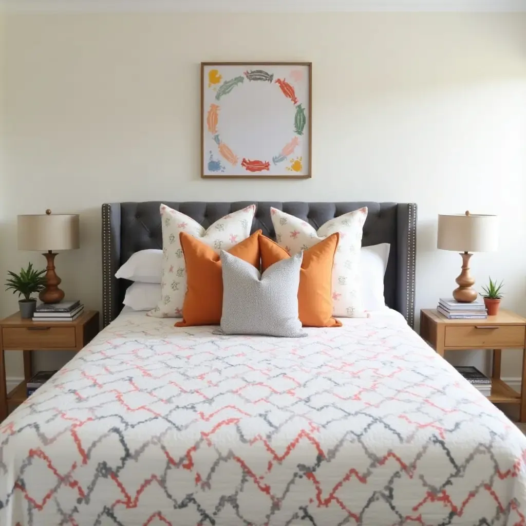 a photo of a teen bedroom makeover featuring bold throw pillows