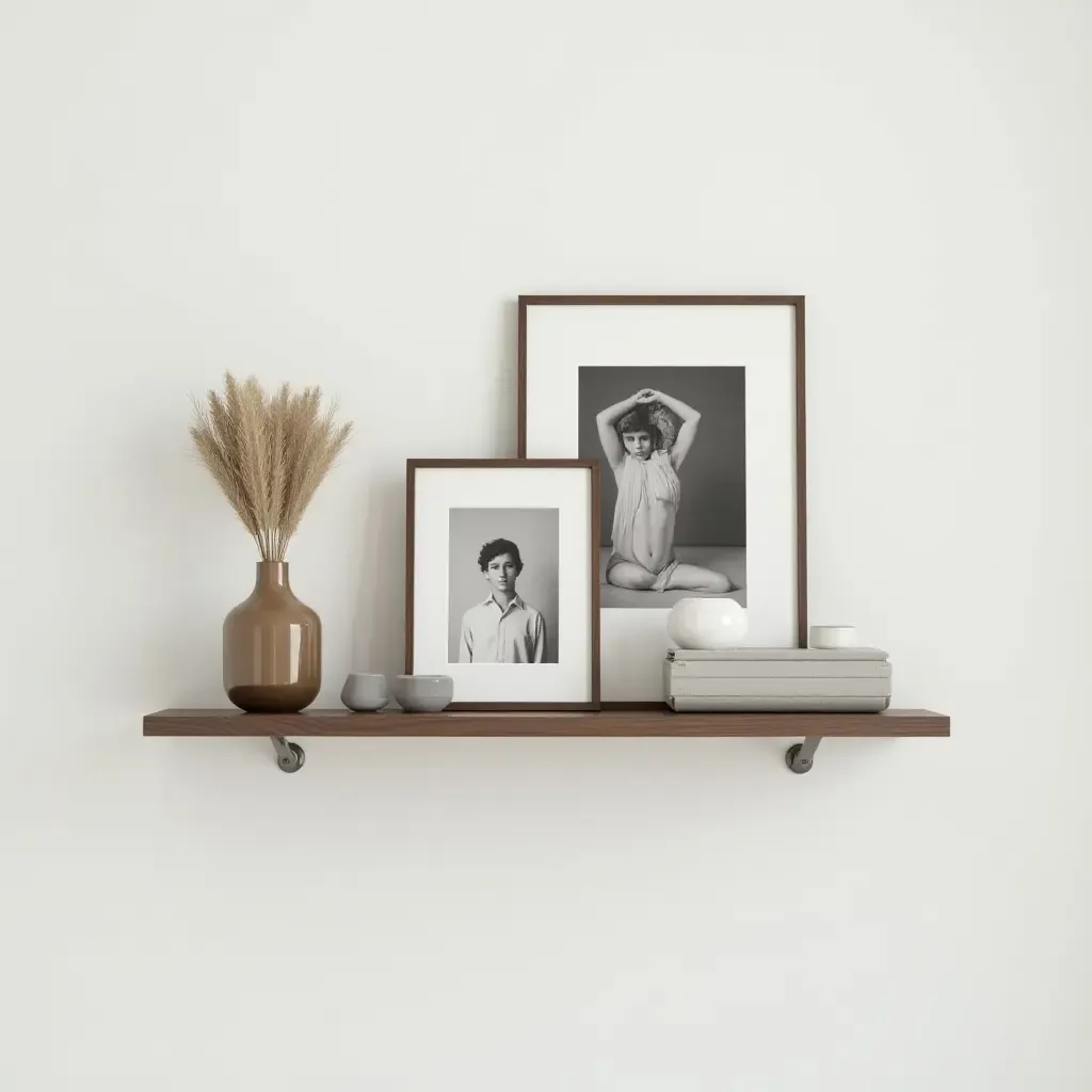 a photo of a floating shelf displaying framed photos and decorative items