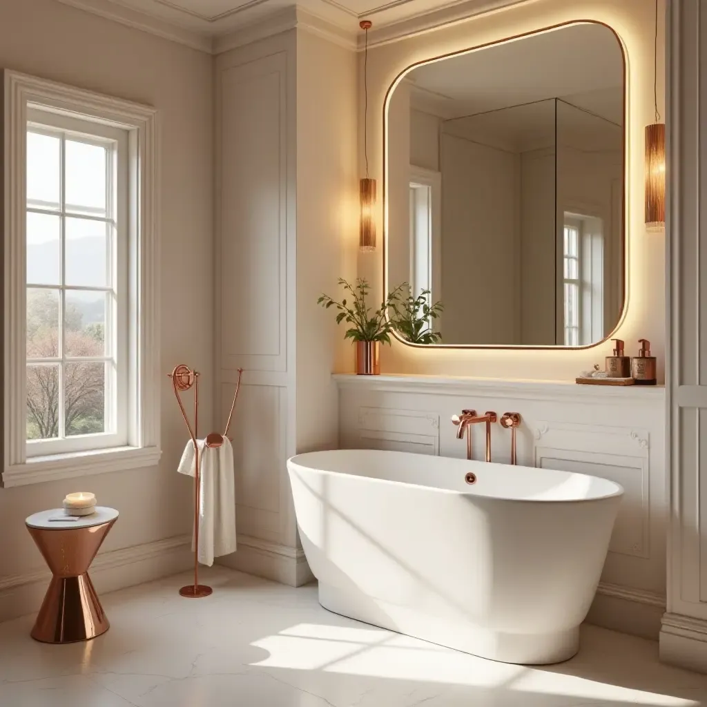 a photo of a glamorous bathroom with rose gold fixtures and soft lighting