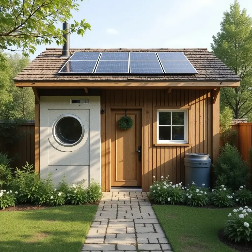 a photo of an eco-friendly outdoor laundry setup with solar panels and rainwater collection