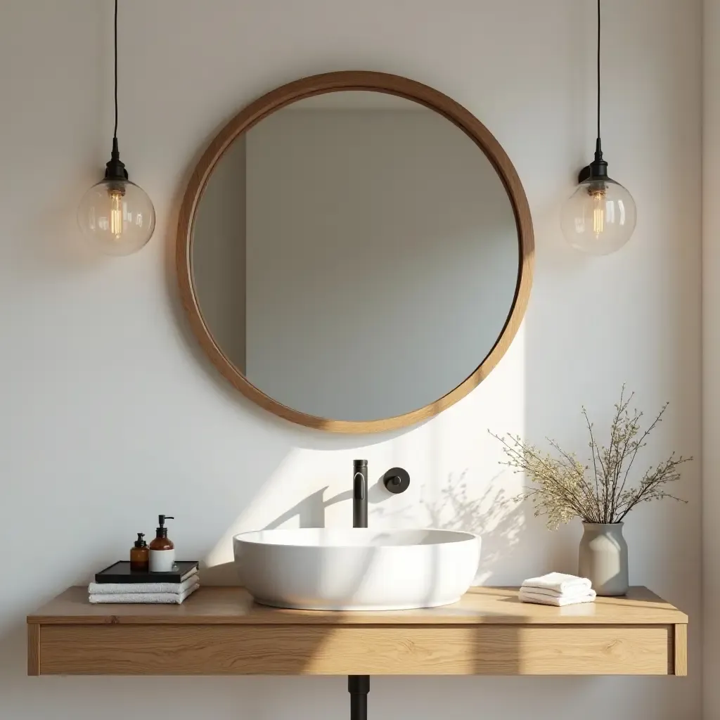 a photo of a wooden framed mirror above a sink in a stylish bathroom