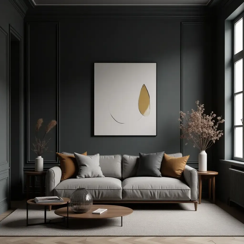 a photo of a dark grey living room with a modern art piece and elegant furniture arrangement