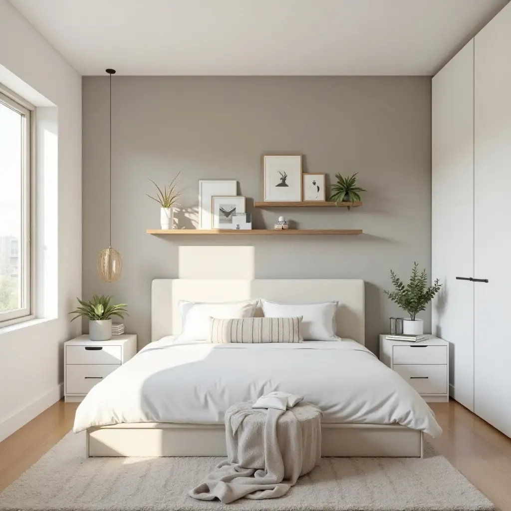 a photo of a teen bedroom with decorative floating shelves