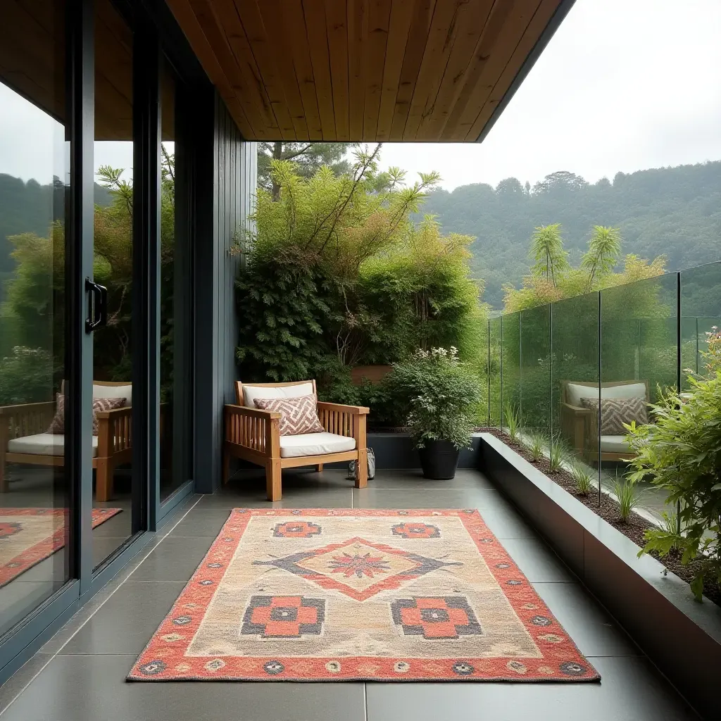 a photo of a glass balcony with stylish outdoor rugs enhancing privacy