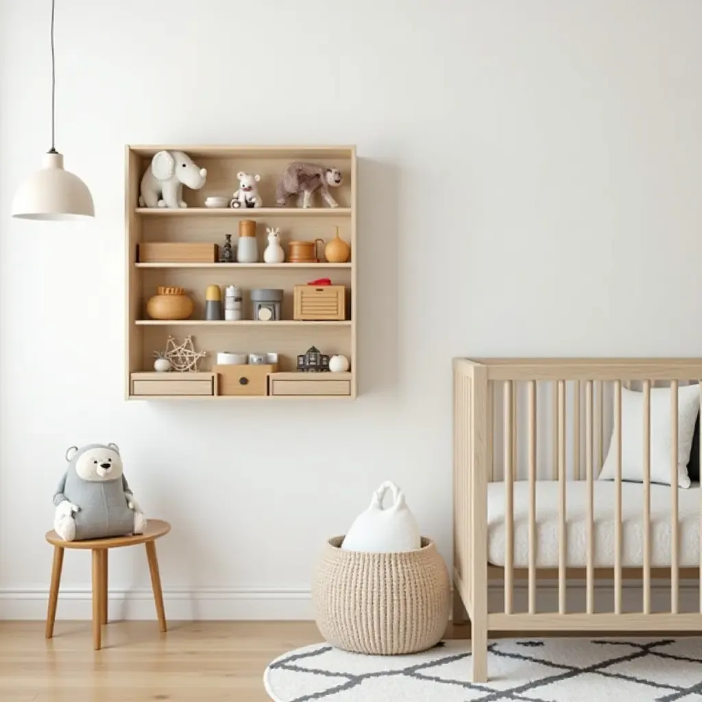 a photo of a nursery featuring a playful wall-mounted toy organizer