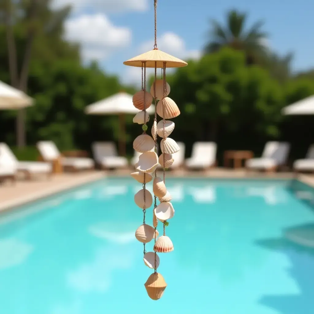 a photo of a whimsical wind chime made from seashells hanging by the pool