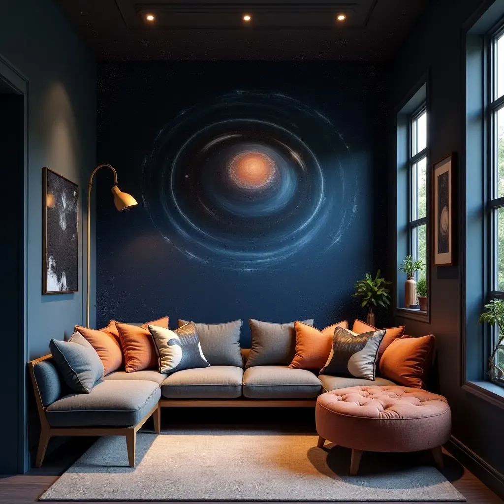 a photo of a themed reading nook inspired by outer space