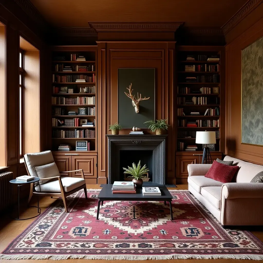 a photo of a patterned rug with cultural motifs in an eclectic library