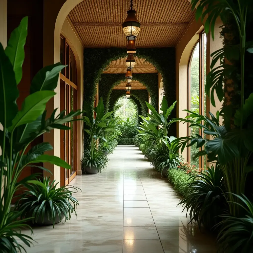 a photo of a corridor with a tropical theme and lush greenery