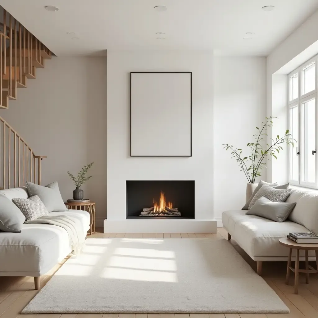 a photo of a bright Scandinavian-inspired basement with white walls and wood accents