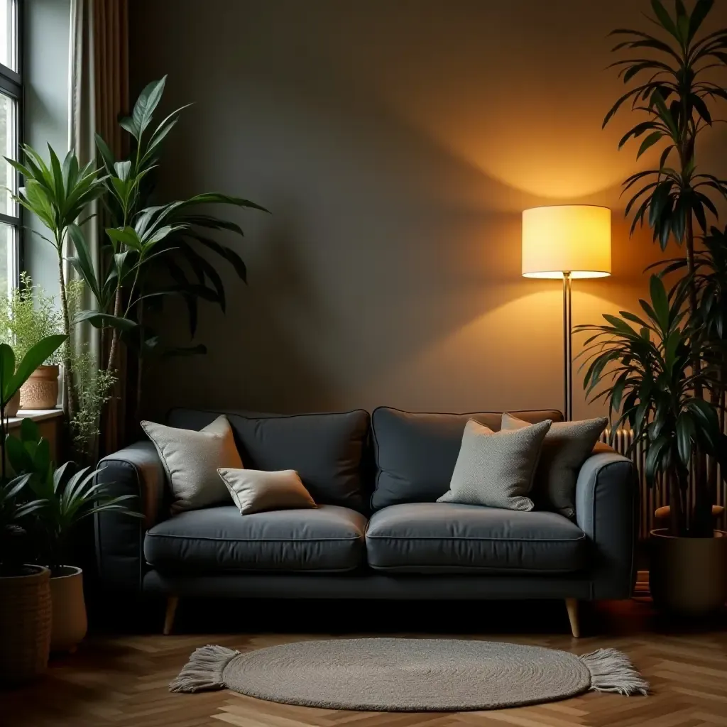 a photo of a dark grey couch surrounded by indoor plants and warm lighting in a cozy setting