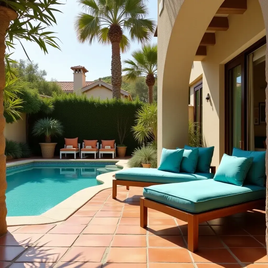 a photo of a cozy poolside area with warm terracotta tiles and bright teal cushions