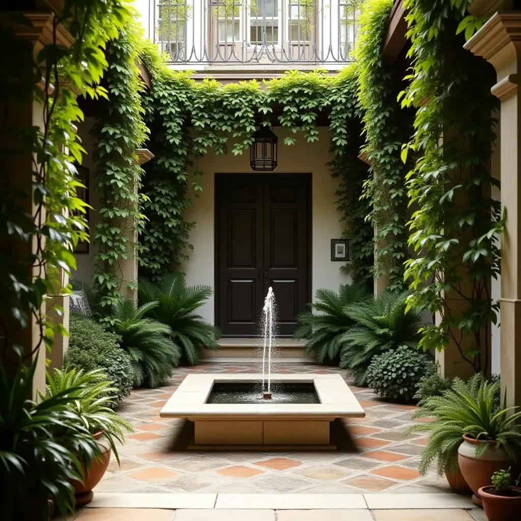 a photo of a balcony featuring a small fountain and lush greenery