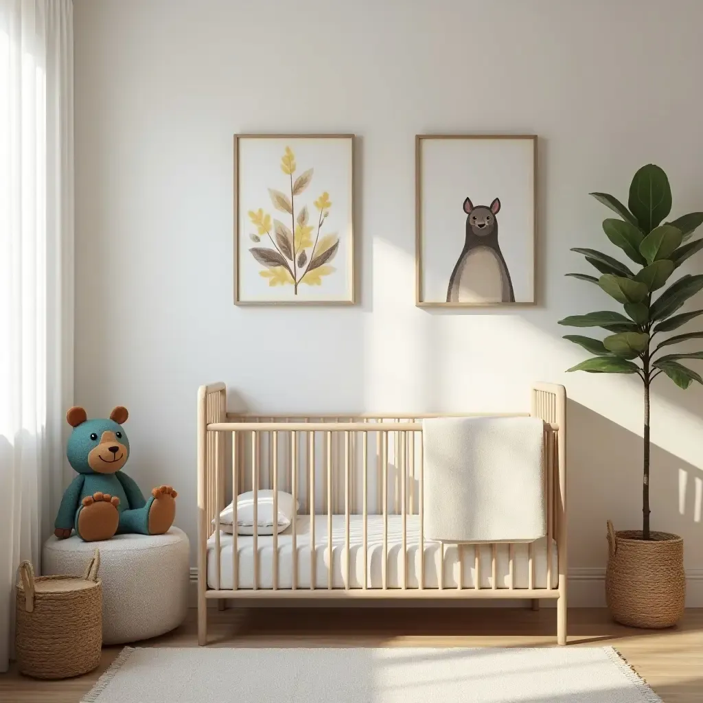 a photo of a nursery decorated with nature-inspired wall art and decor