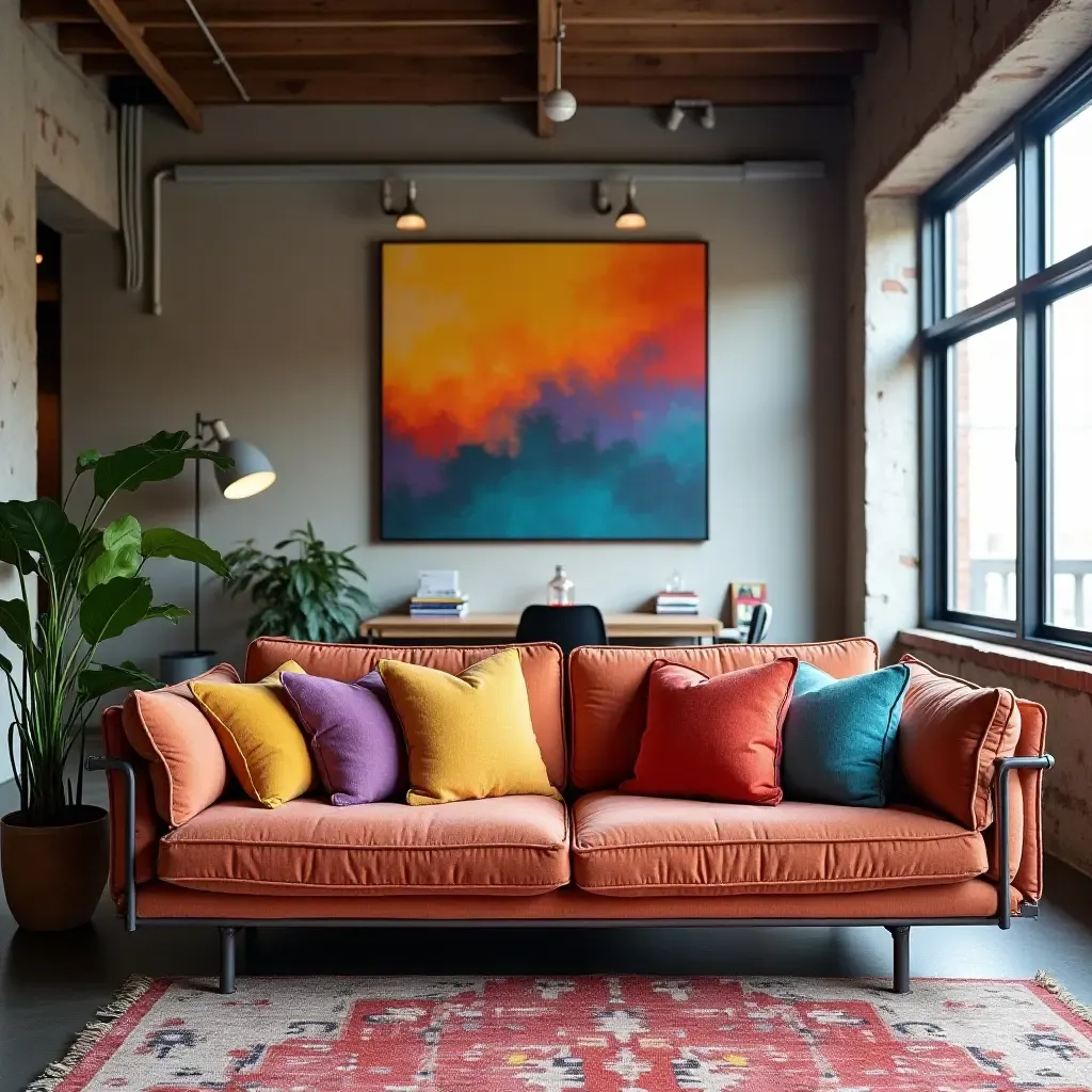 a photo of a vibrant urban loft with colorful throw pillows on an industrial-style sofa