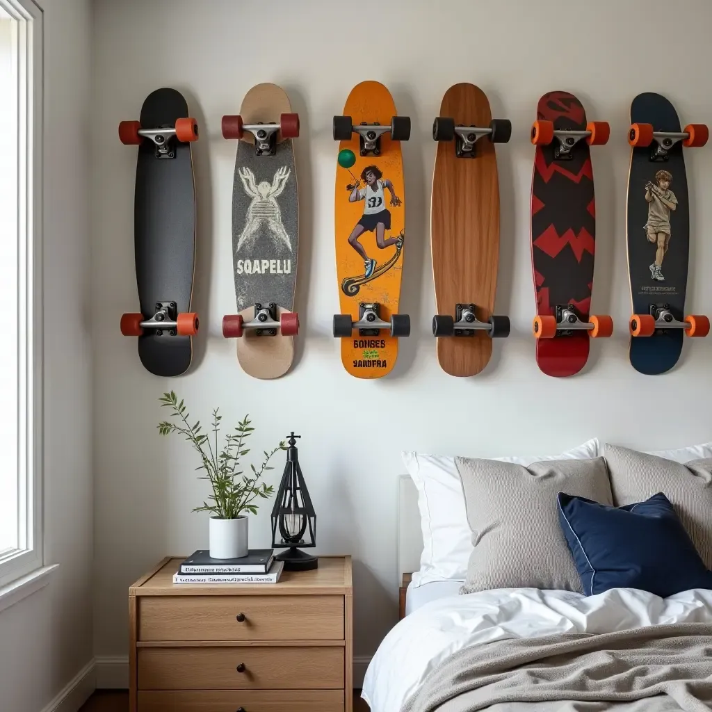 a photo of a wall showcasing a collection of skateboards as art in a sporty teen&#x27;s room