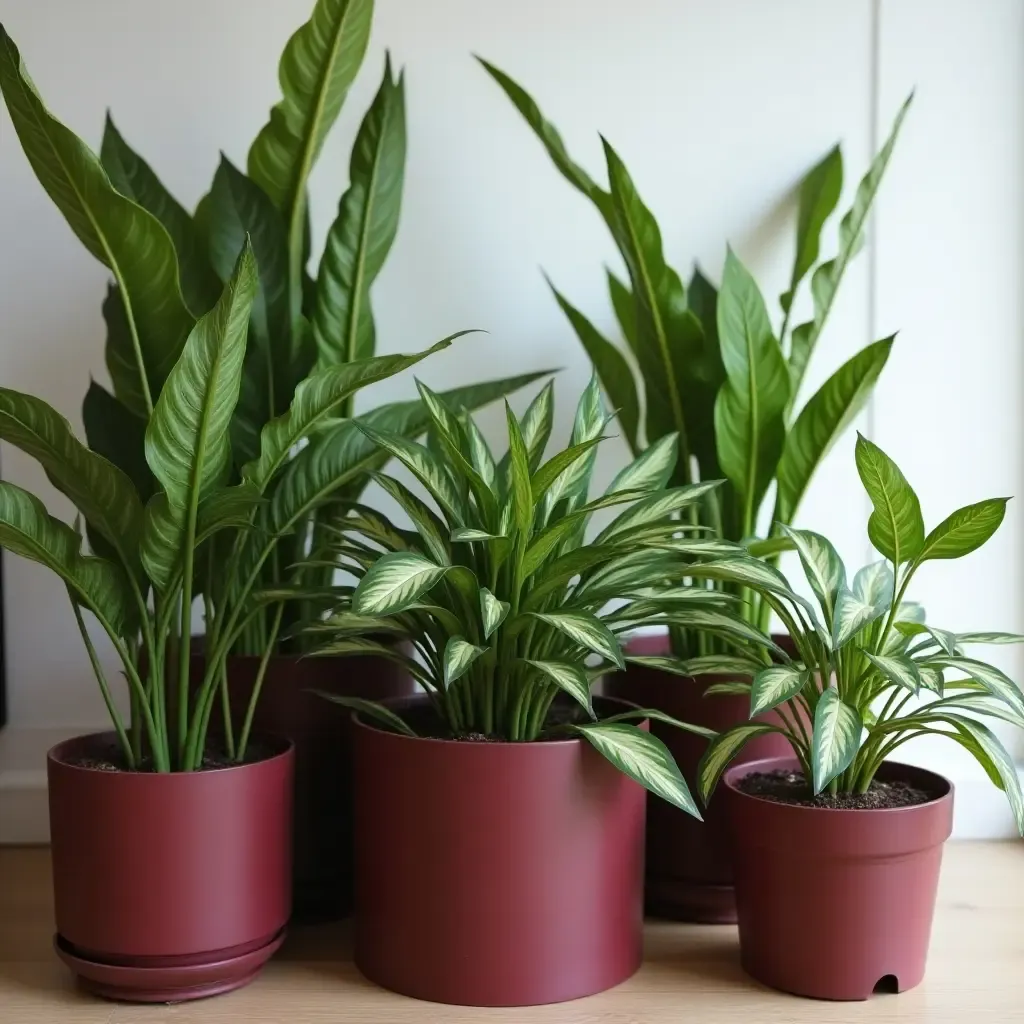 a photo of indoor plants in burgundy pots enhancing the space