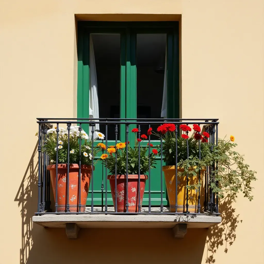 a photo of a balcony adorned with hand-painted flower pots