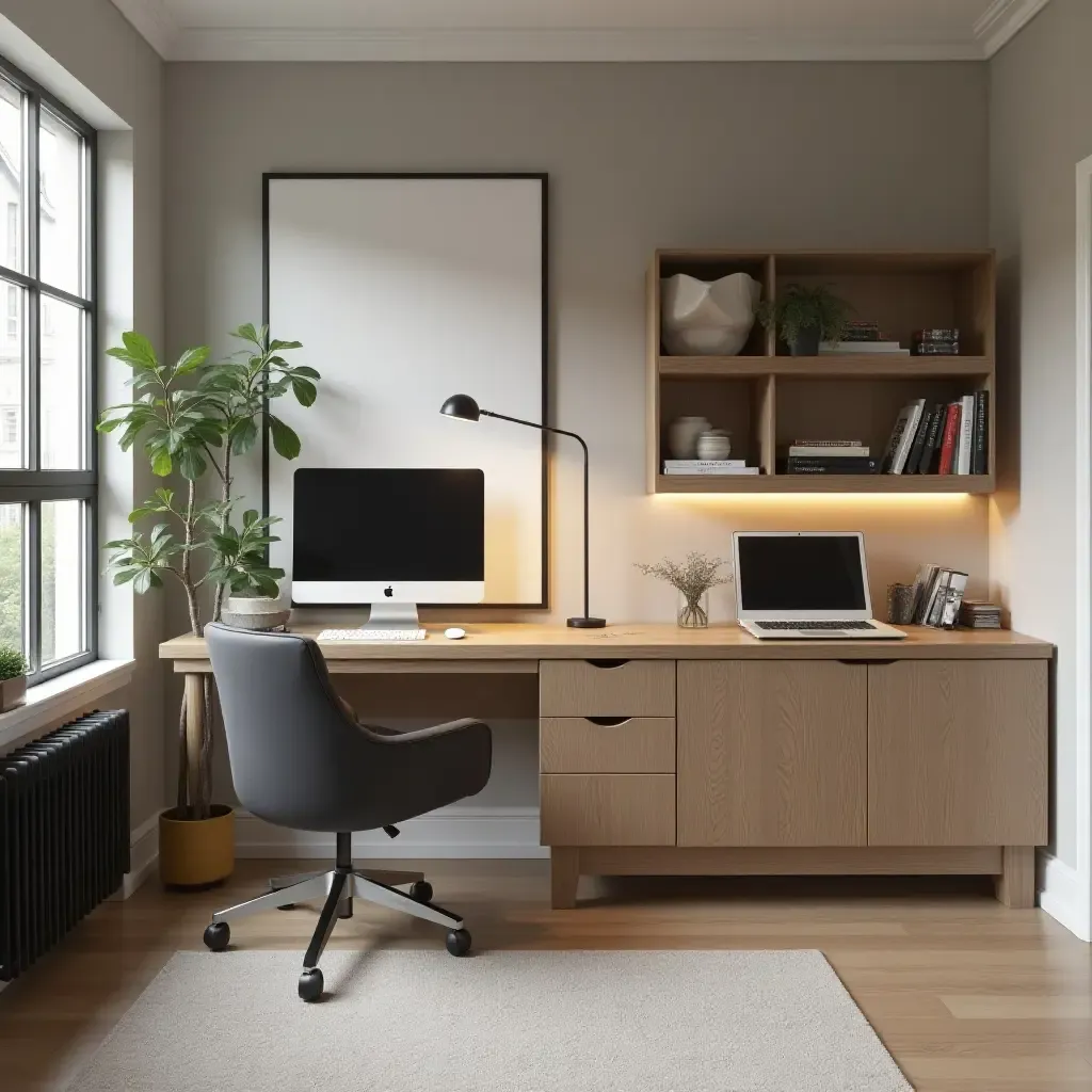 a photo of a functional basement workspace with Scandinavian design elements