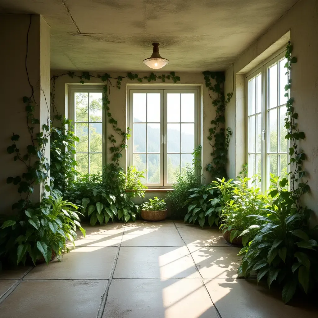 a photo of a bright basement with large windows and climbing vines