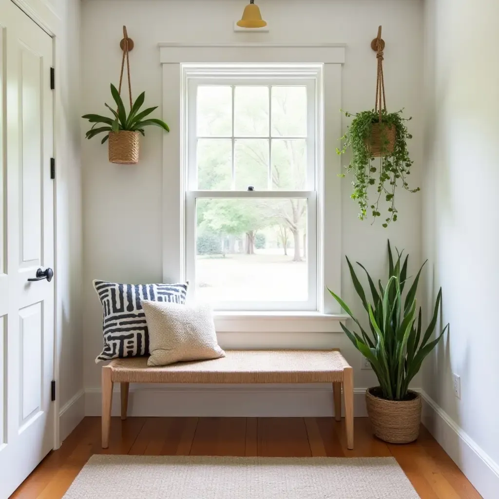 a photo of a bohemian-inspired entryway featuring a woven bench and hanging plants