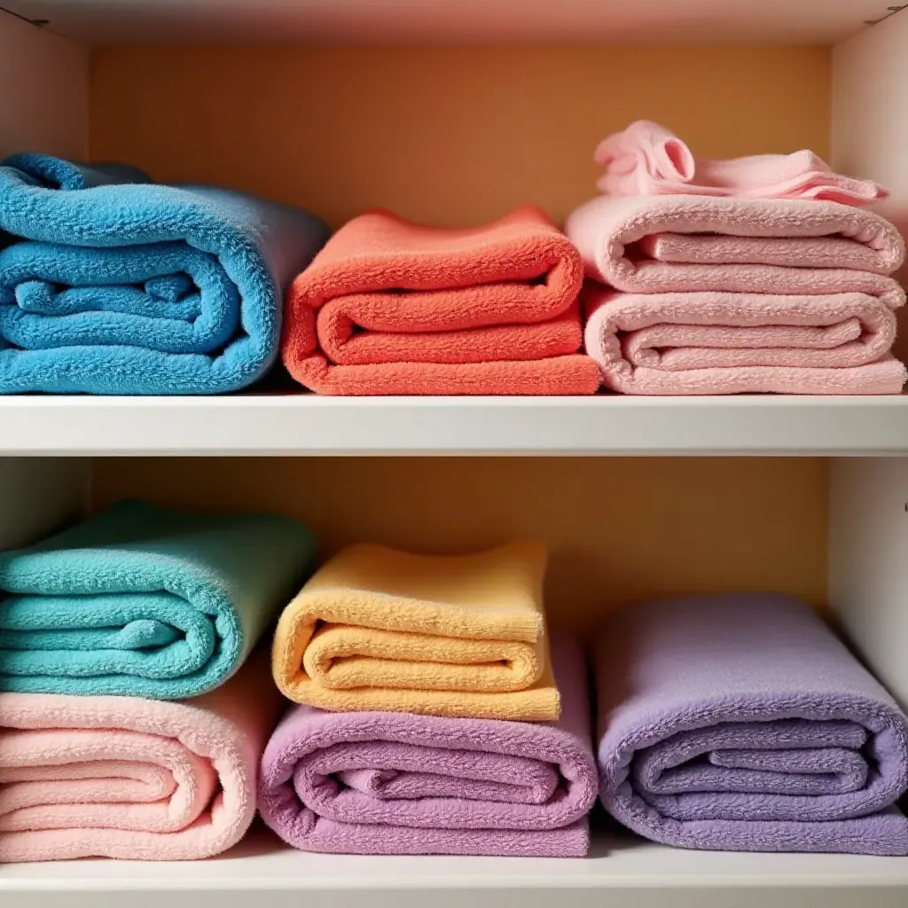 a photo of vibrant colored towels arranged neatly on a shelf