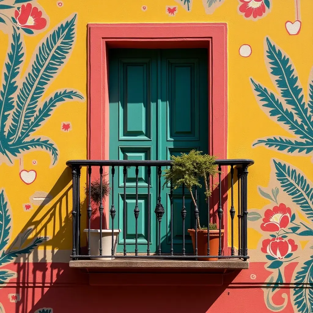 a photo of a balcony featuring whimsical patterns in vibrant hues