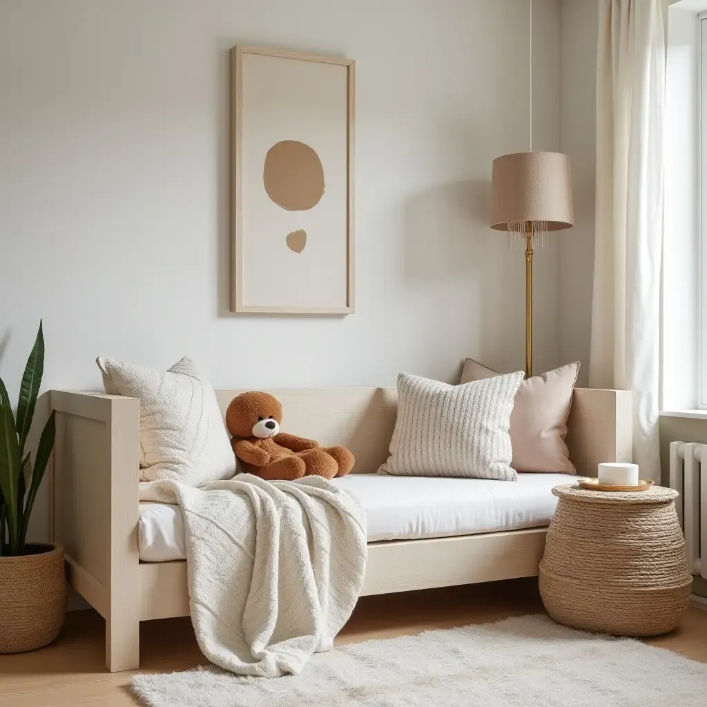 a photo of a nursery reading nook with a mix of textures and fabrics