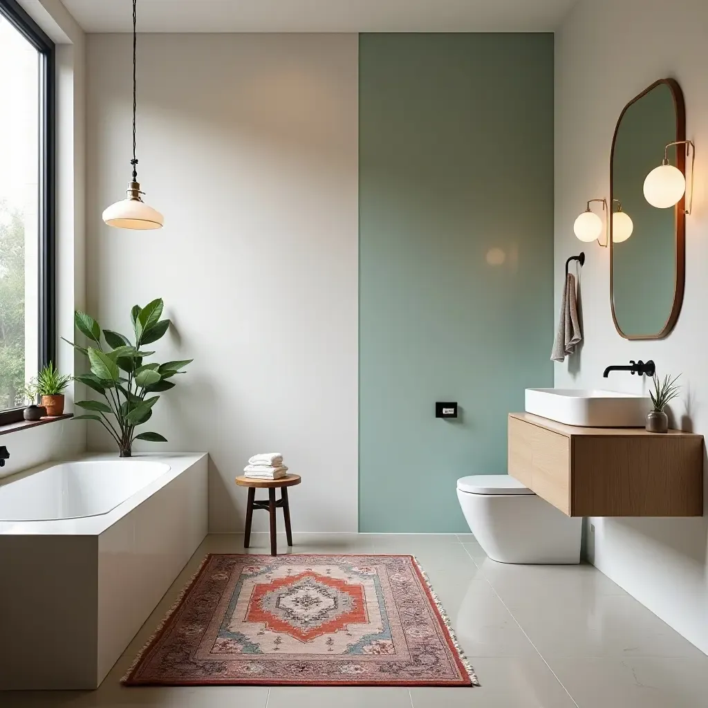 a photo of a modern bathroom with a vintage rug and contemporary colors