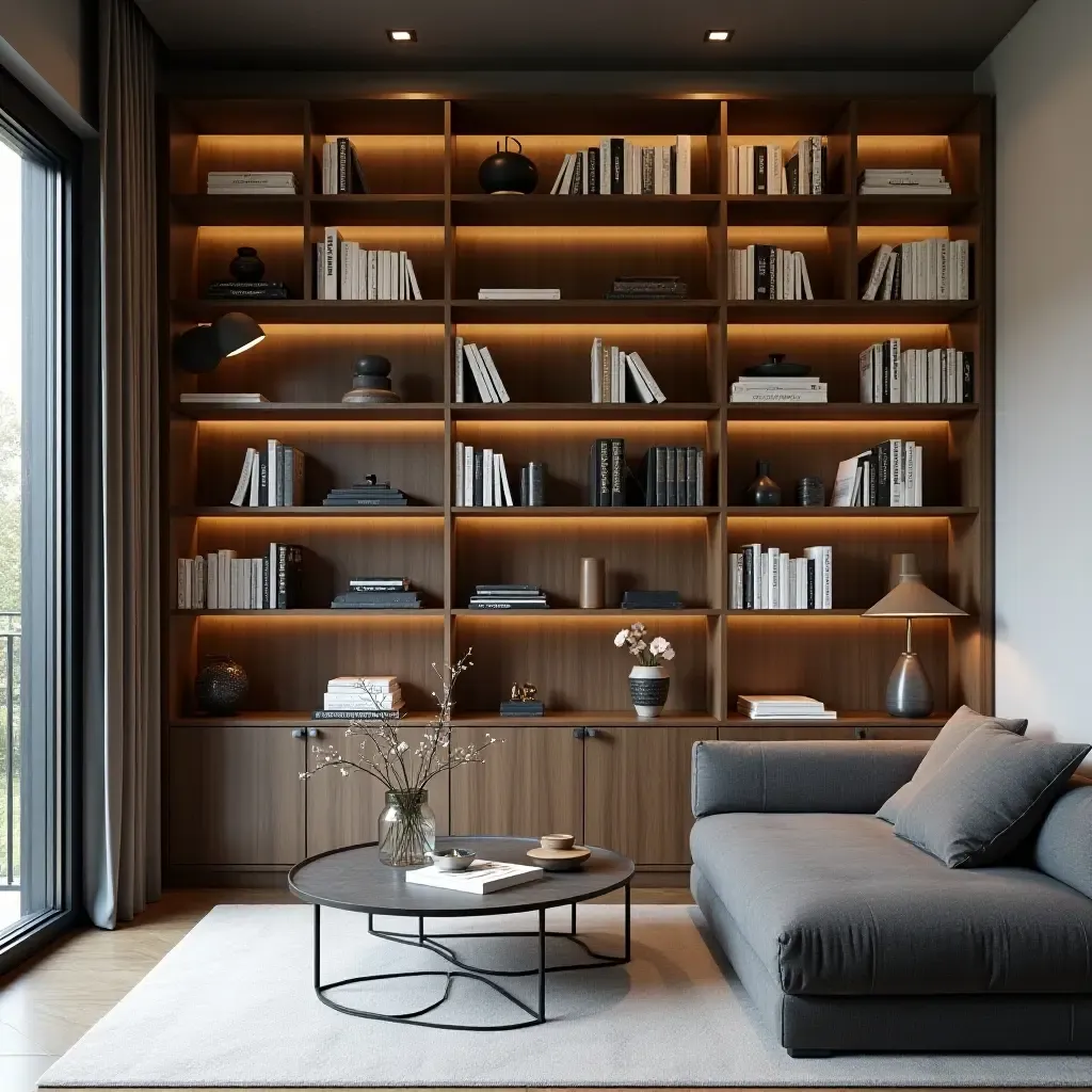 a photo of a stylish bookshelf filled with books and decorative items