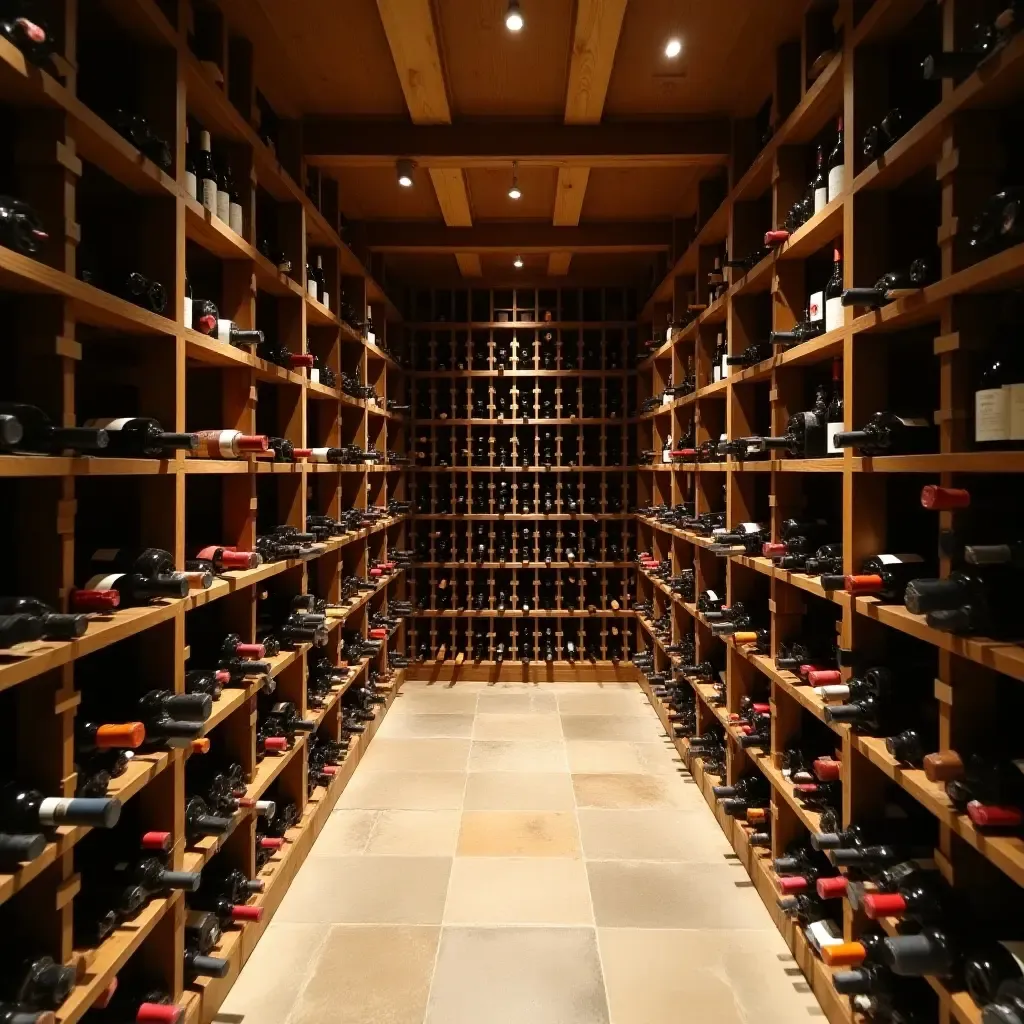 a photo of a rustic basement wine cellar with wooden shelves and dim lighting