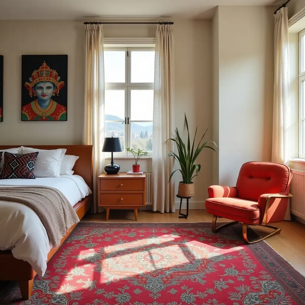 a photo of a vibrant, patterned rug in a lively bedroom environment