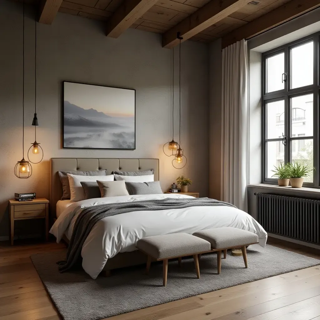 a photo of an urban loft bedroom with stylish pendant lights and exposed beams