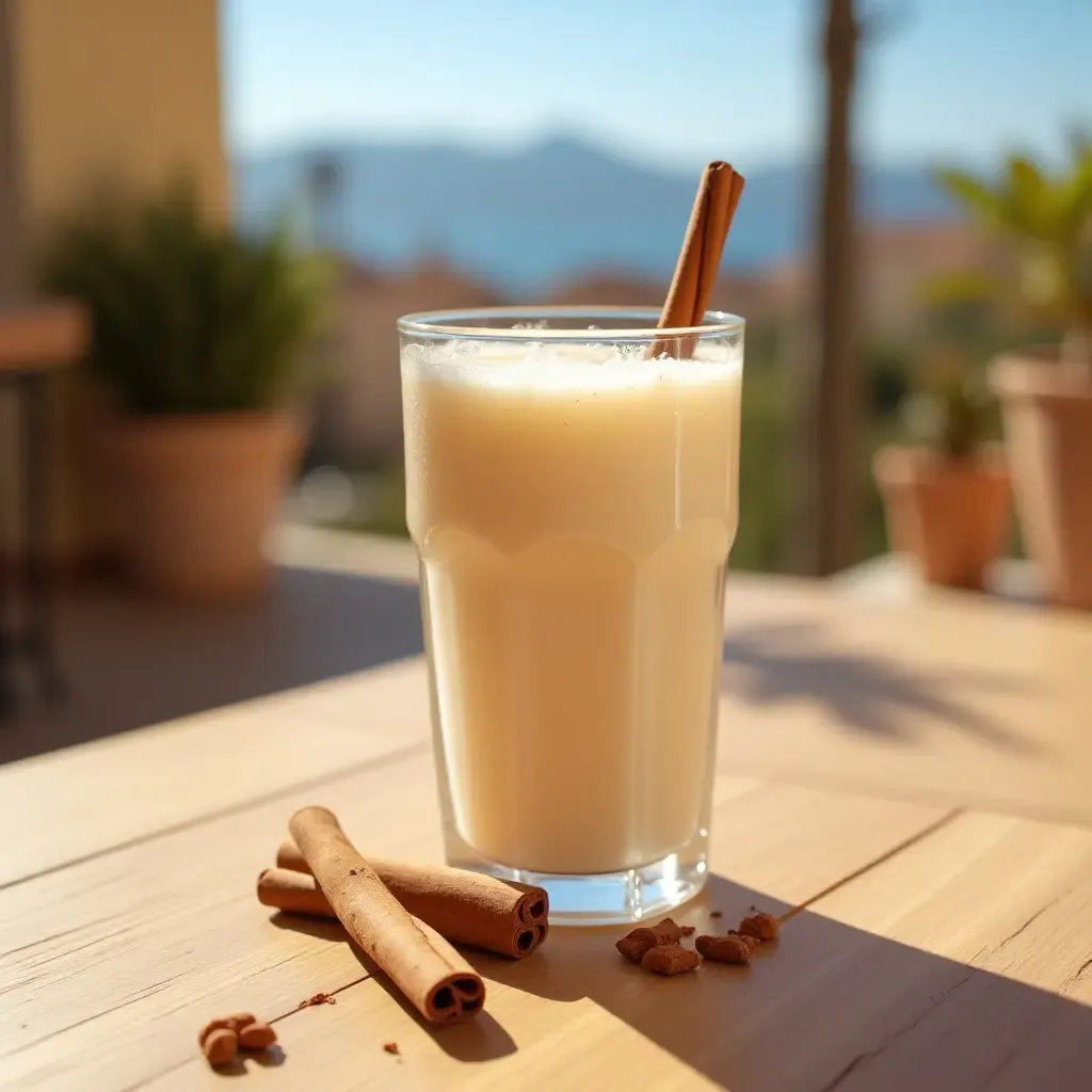 a photo of a chilled glass of horchata with cinnamon sticks on a sunny Spanish terrace.