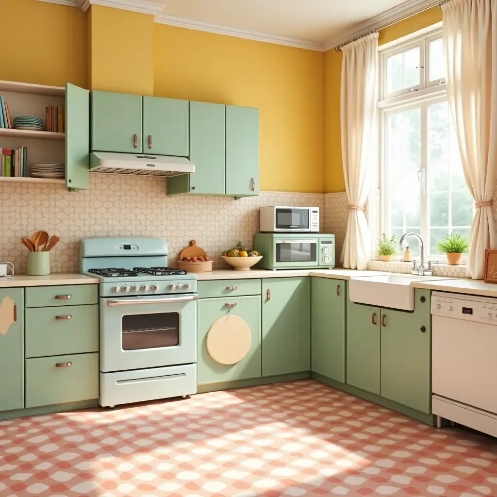 a photo of a retro-inspired kitchen with classic appliances and bright patterns