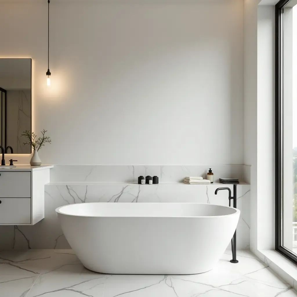 a photo of a stylish bathroom with a unique bathtub and minimal accessories