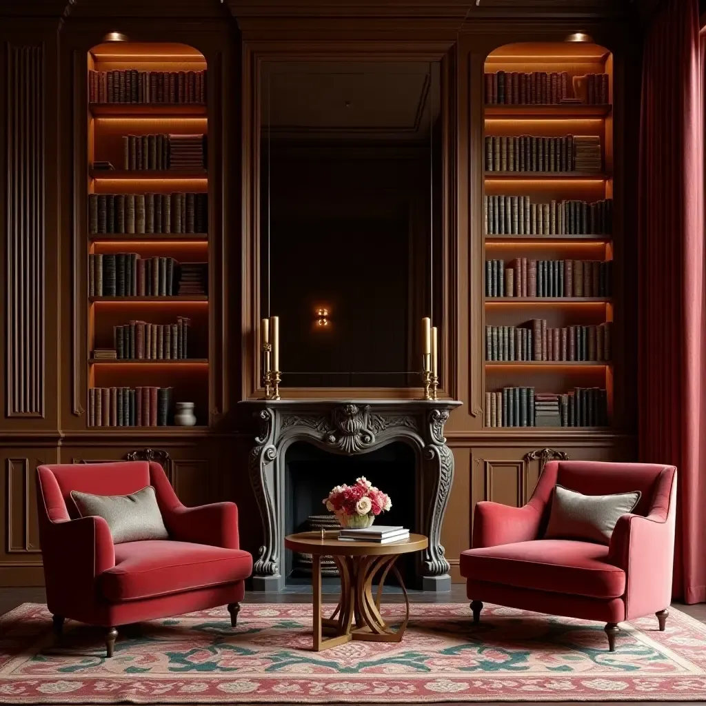 a photo of a luxurious library with velvet armchairs and gold accents