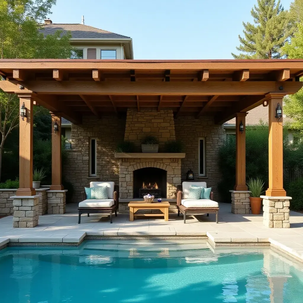 a photo of a rugged wooden pergola shading a pool area