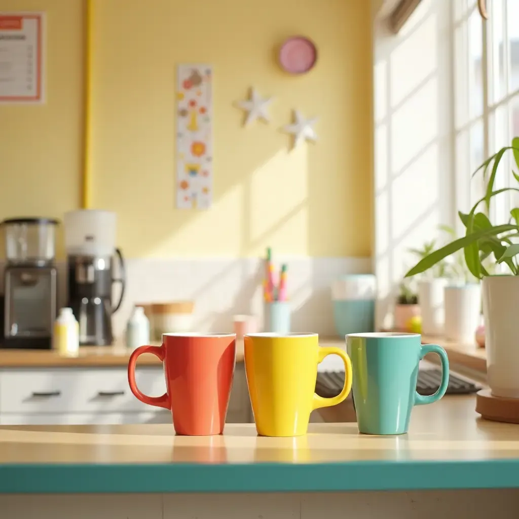 a photo of a bright coffee station with colorful mugs and cheerful decor