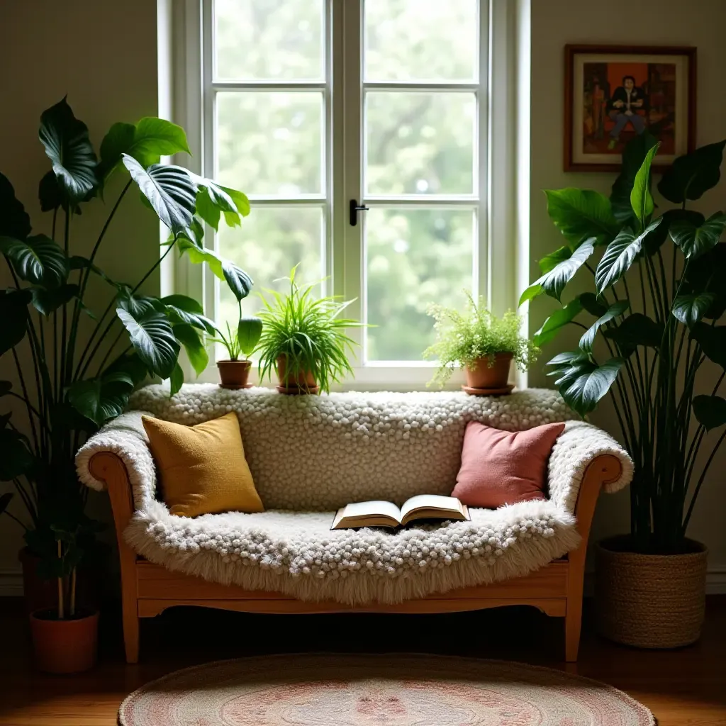 a photo of a cozy reading nook surrounded by lush potted plants