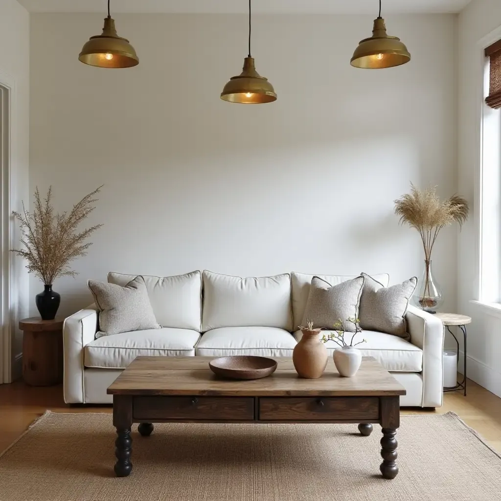 a photo of a farmhouse living room featuring warm pendant lights above a reclaimed wood coffee table