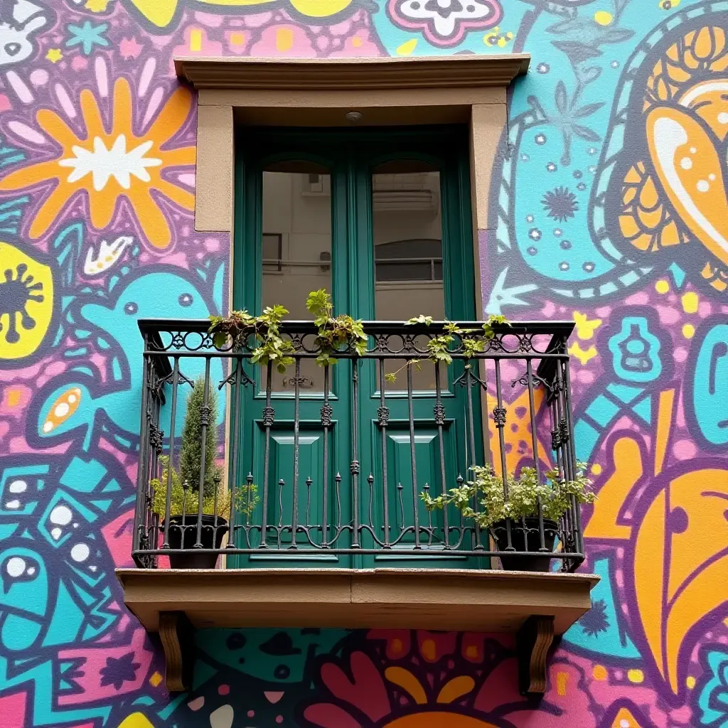 a photo of a balcony wall featuring a vibrant graffiti style