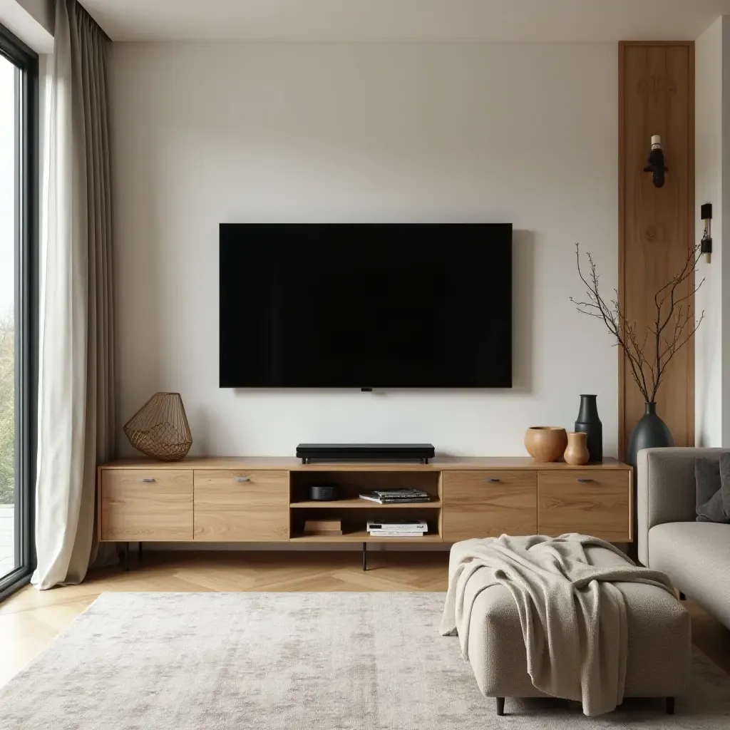 a photo of a living room featuring a wooden entertainment center and soft rug