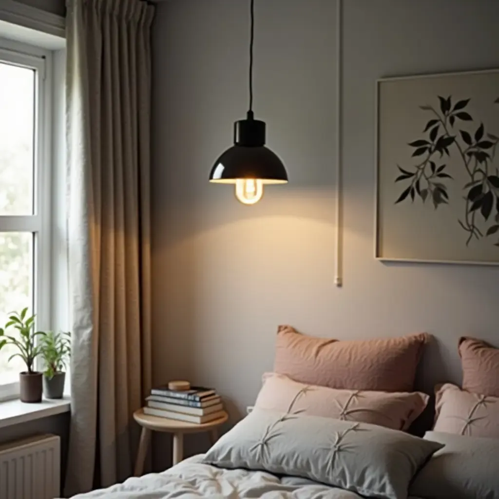 a photo of a sleek, industrial pendant light in a trendy teenage bedroom