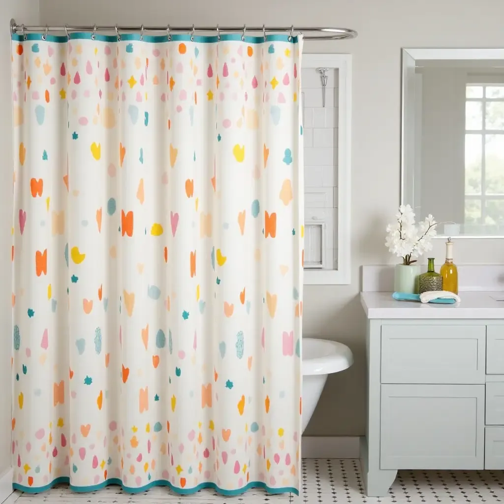 a photo of a bathroom with a colorful shower curtain for style