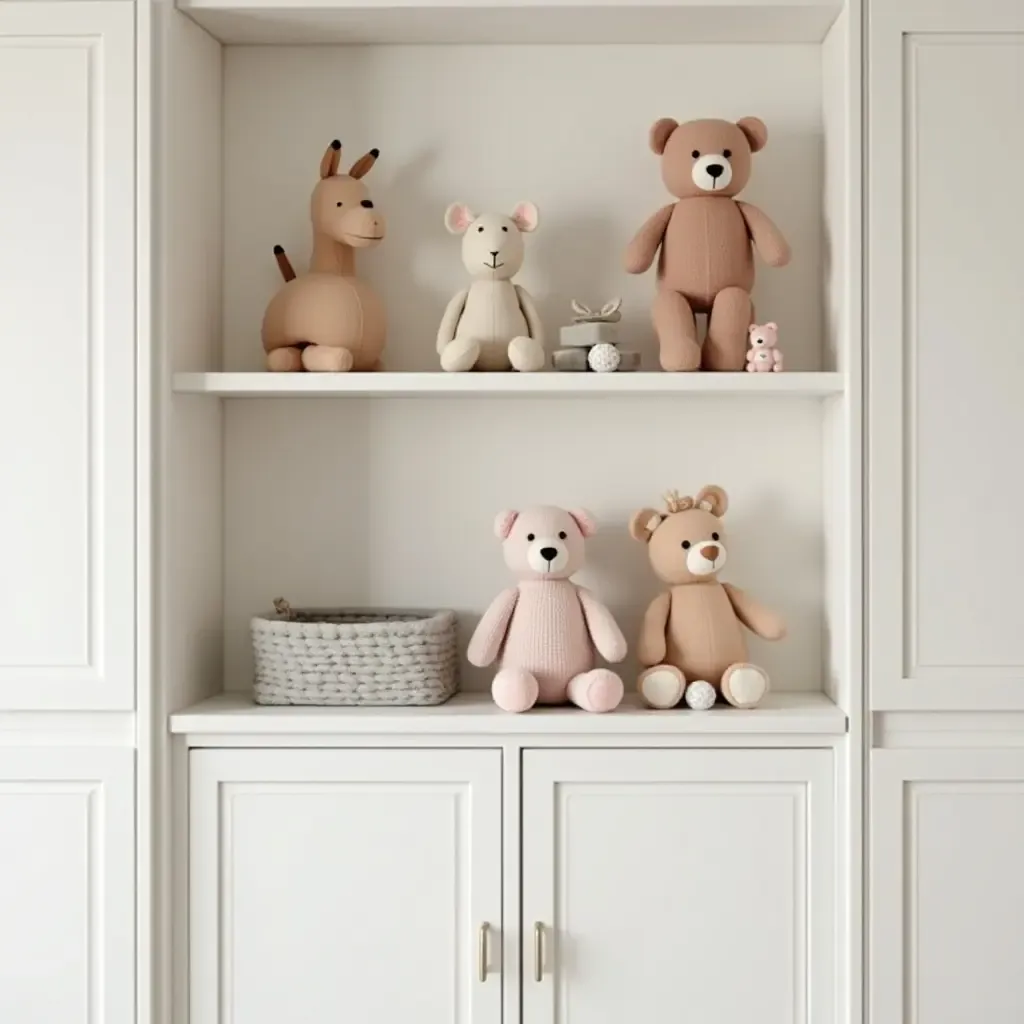 a photo of open shelving styled for a nursery with toys and soft colors