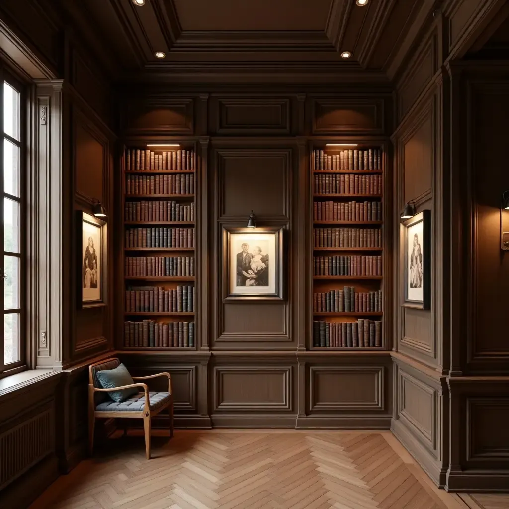 a photo of a library with wooden frames for artwork and photos