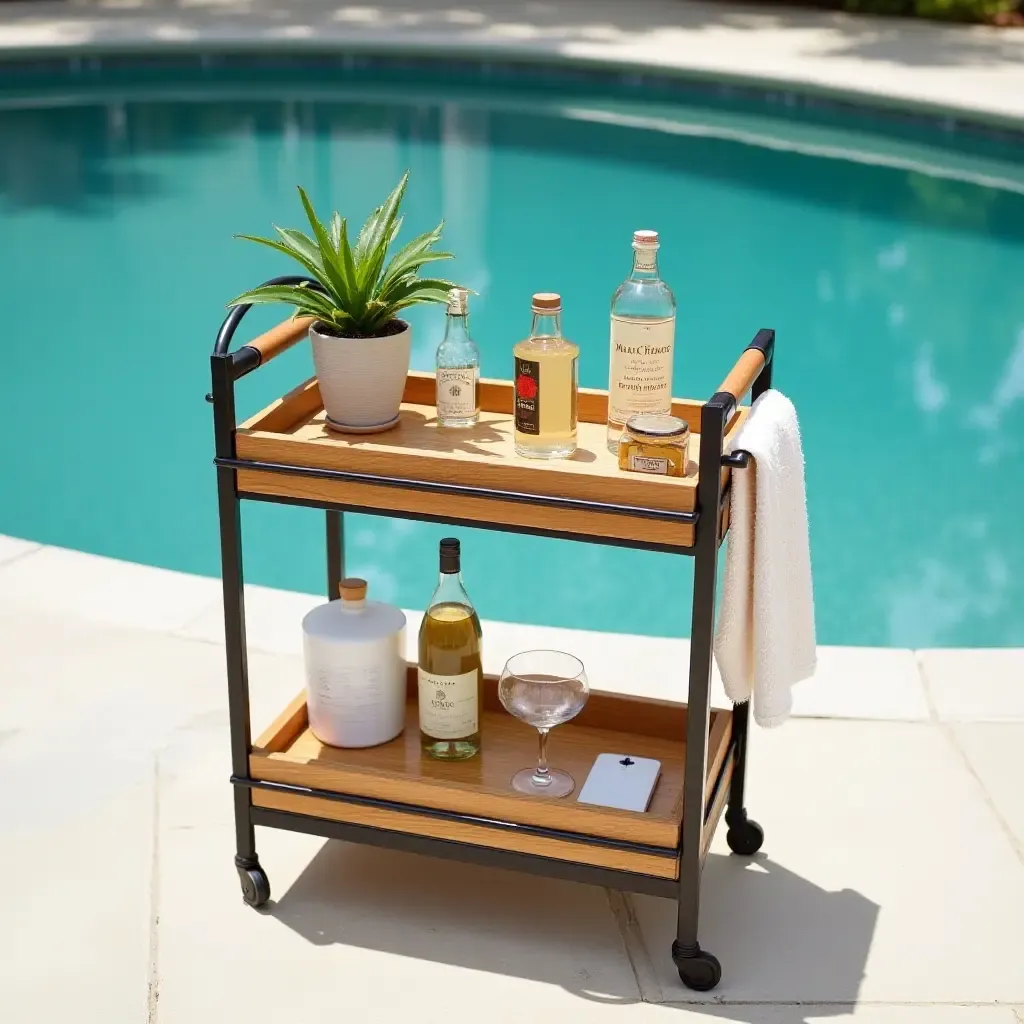 a photo of a chic poolside bar cart with organized supplies